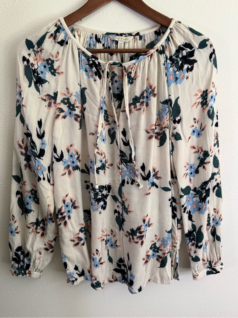 Lucky Brand Floral Peasant Blouse Small Boho Tie Neck Long Sleeve Top